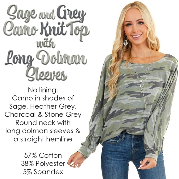 KFab Designs Tops - Sage & Grey Camo Knit Top w/ Long Dolman Sleeves